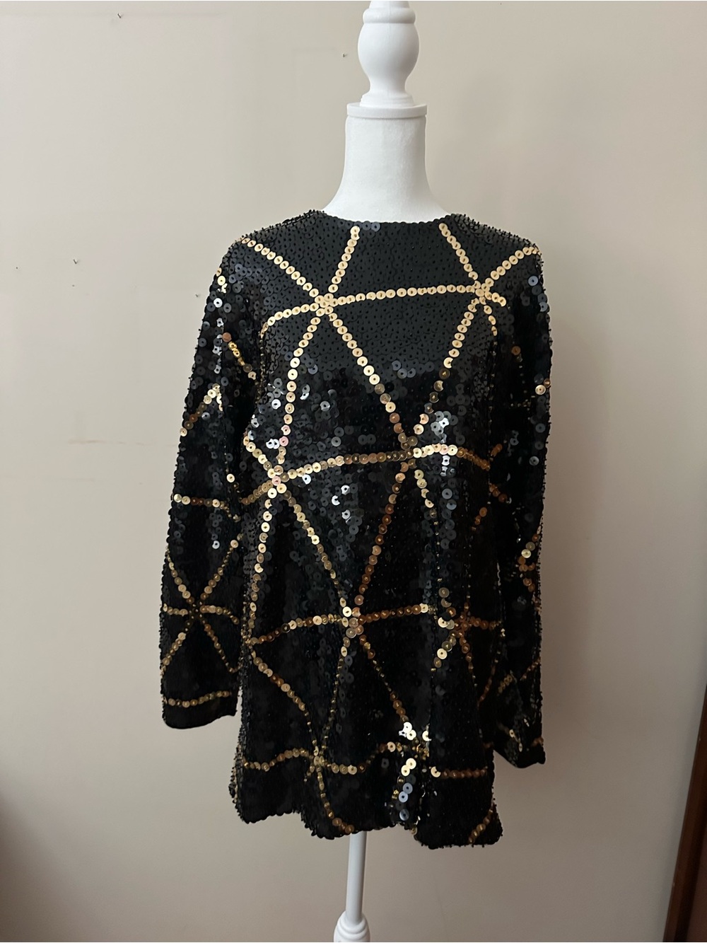 Vintage L'Eau Vive Black Sequin Tunic/Mini Dress with Gold Geometric Accents